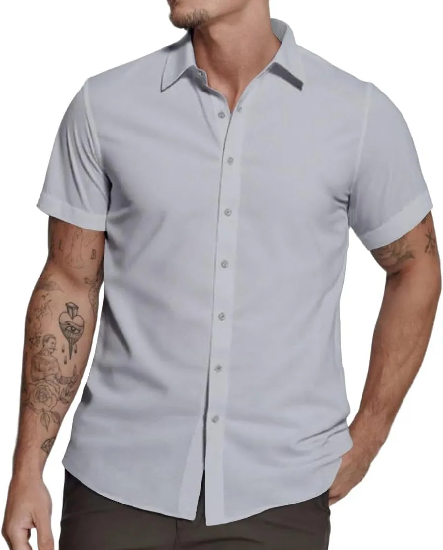 Mens Short Sleeve Dress Shirts Stretch Casual Button Down Shirts Solid Regular Fit Formal Shirt