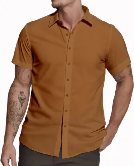 Mens Short Sleeve Dress Shirts Stretch Casual Button Down Shirts Solid Regular Fit Formal Shirt