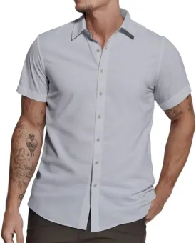 Mens Short Sleeve Dress Shirts Stretch Casual Button Down Shirts Solid Regular Fit Formal Shirt