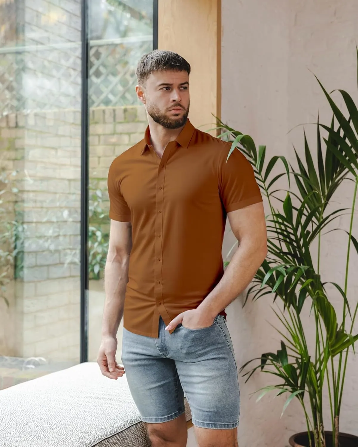 Mens Short Sleeve Dress Shirts Stretch Casual Button Down Shirts Solid Regular Fit Formal Shirt