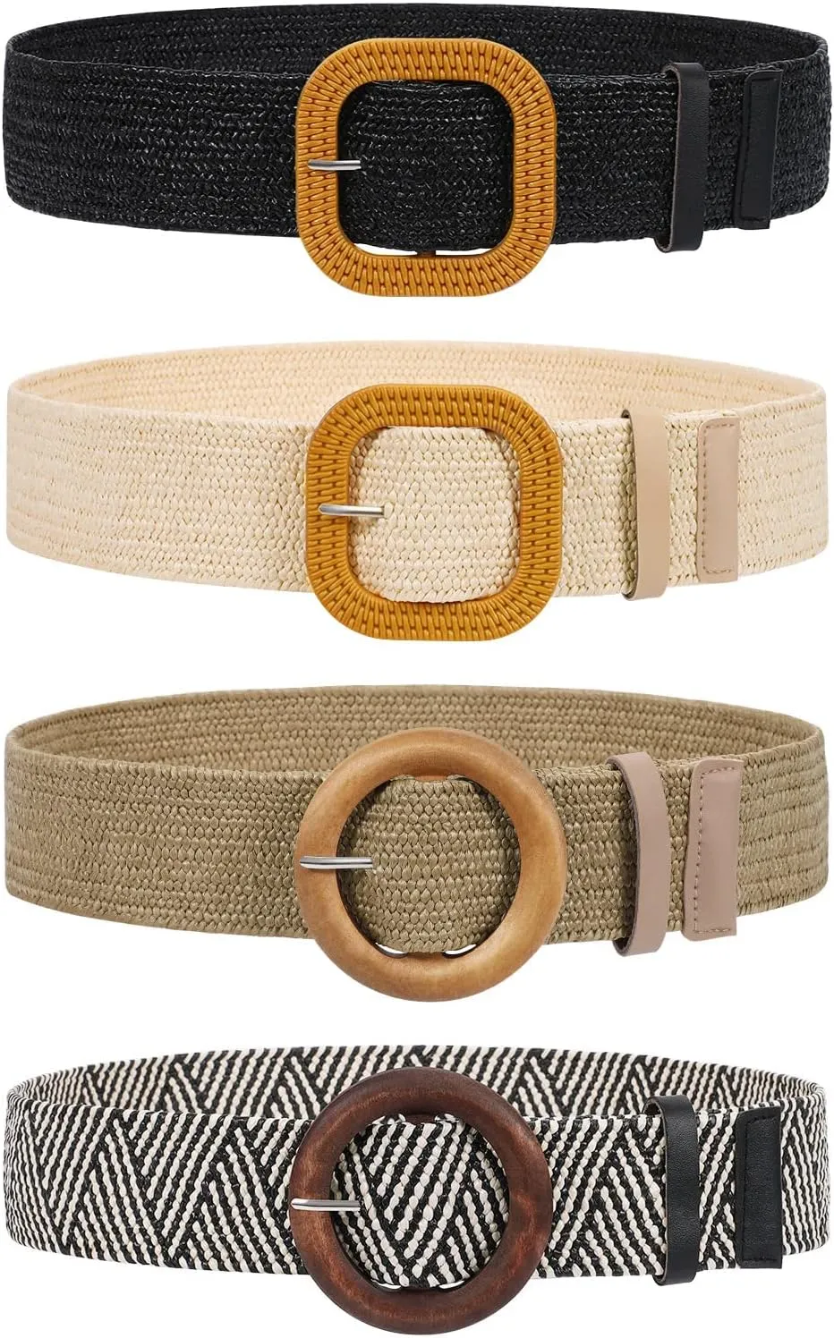 VONMELLI 4 Pack Straw Woven Elastic Stretch Waist Belt Fashion Boho Dress Braided Belts for Women