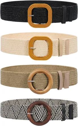 VONMELLI 4 Pack Straw Woven Elastic Stretch Waist Belt Fashion Boho Dress Braided Belts for Women