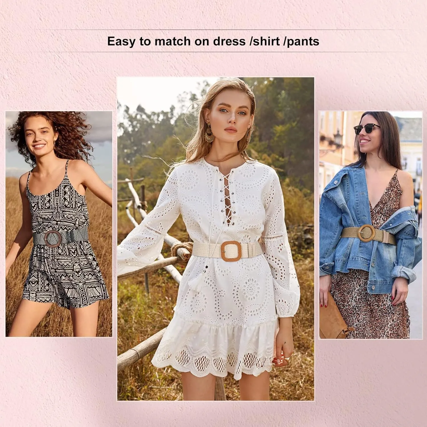VONMELLI 4 Pack Straw Woven Elastic Stretch Waist Belt Fashion Boho Dress Braided Belts for Women
